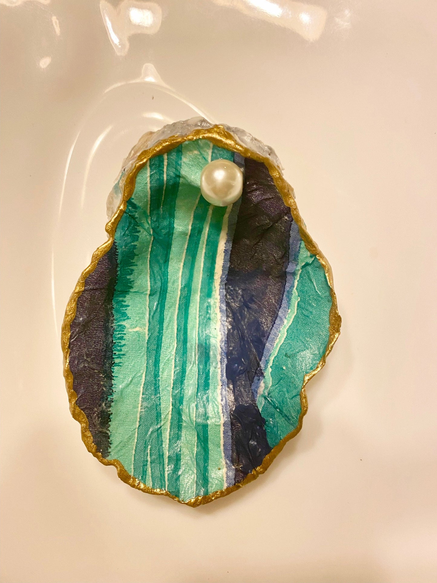 Decoupaged Oyster shell trivet dish/jewelry tray