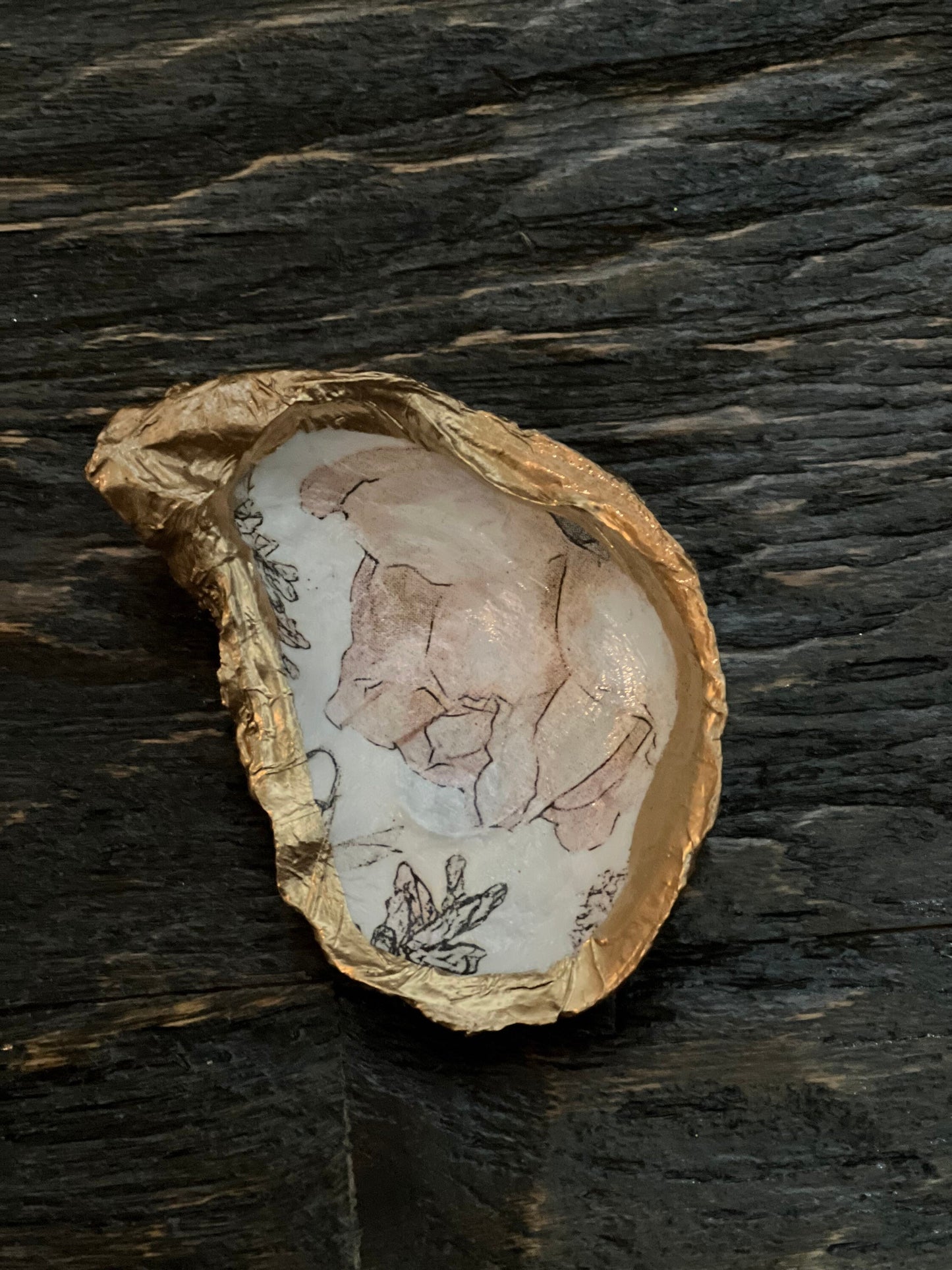 Decoupaged floral Oyster trivet/jewelry tray