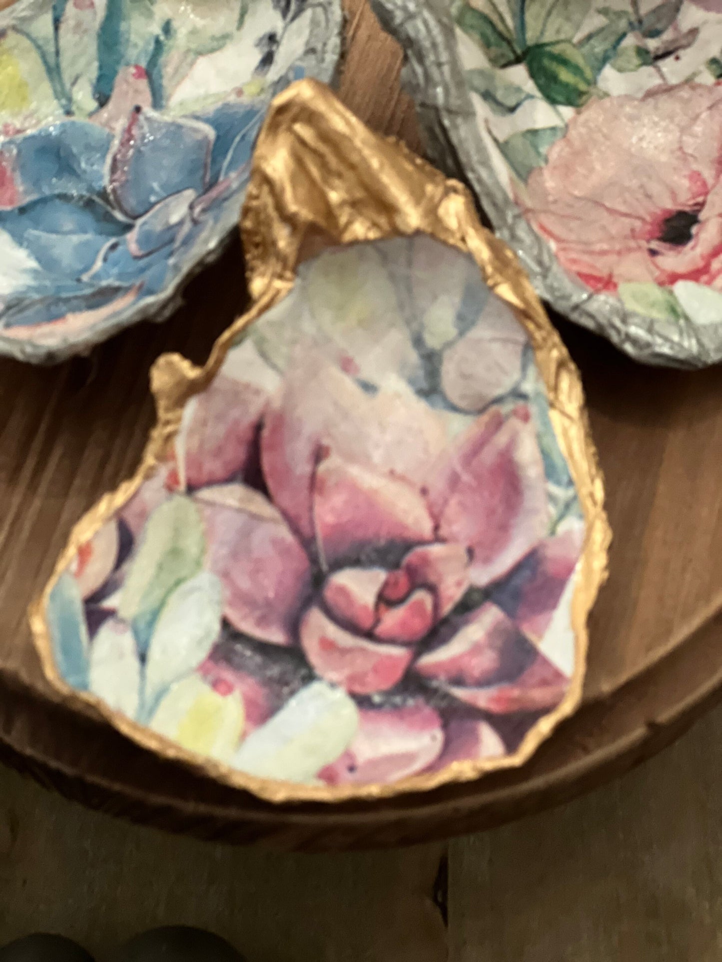 Decoupaged succulent floral Oyster trivet/jewelry tray