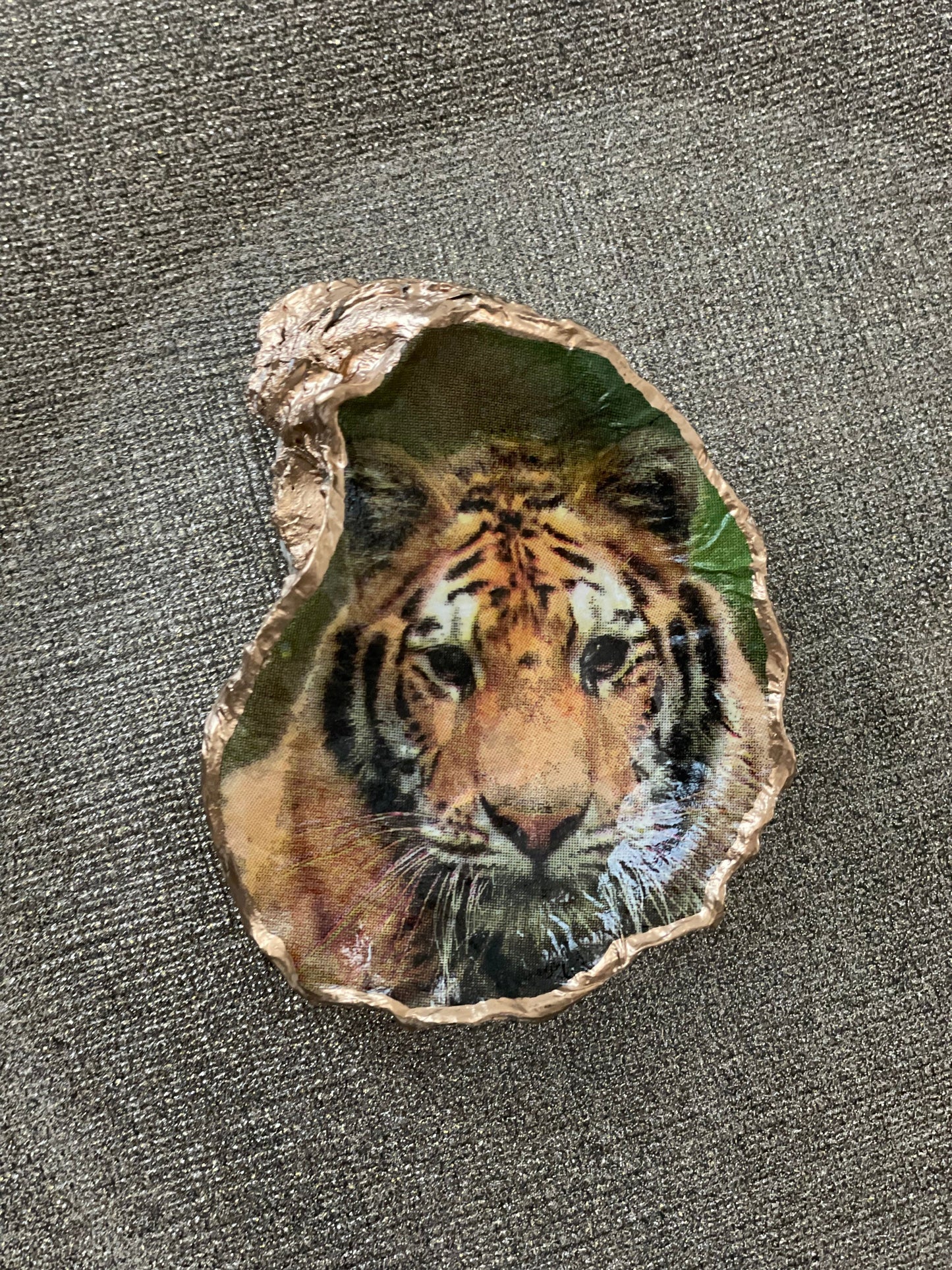 Tiger decoupaged and Hand painted gold leaf trimmed authentic Louisiana oyster trivet dish/jewelry tray