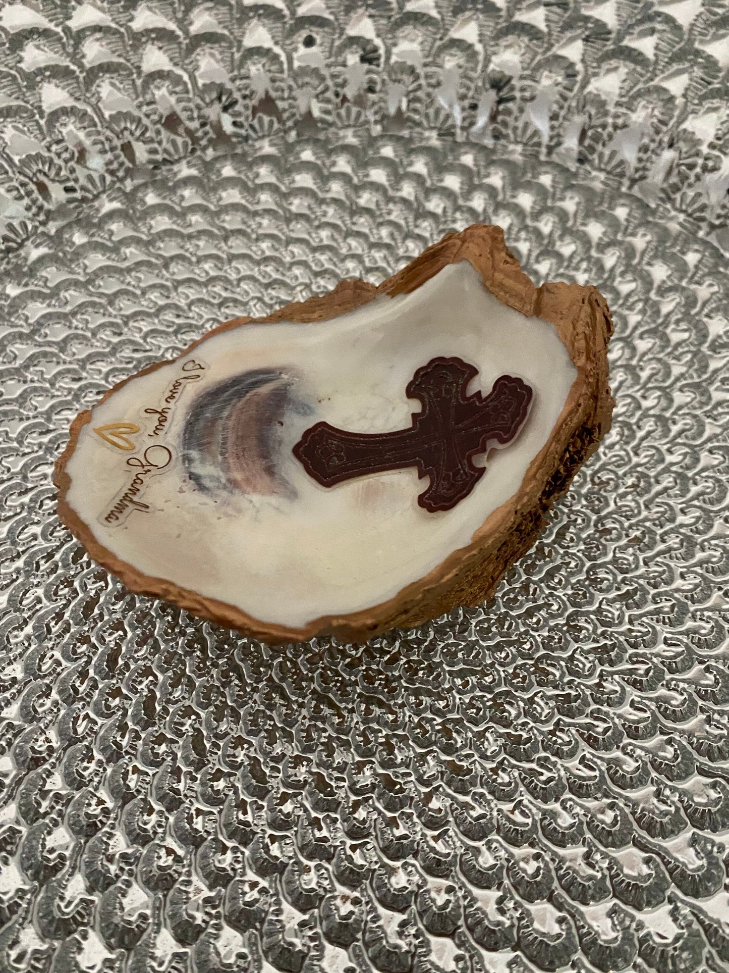 Decoupaged oyster trinket/jewelry tray