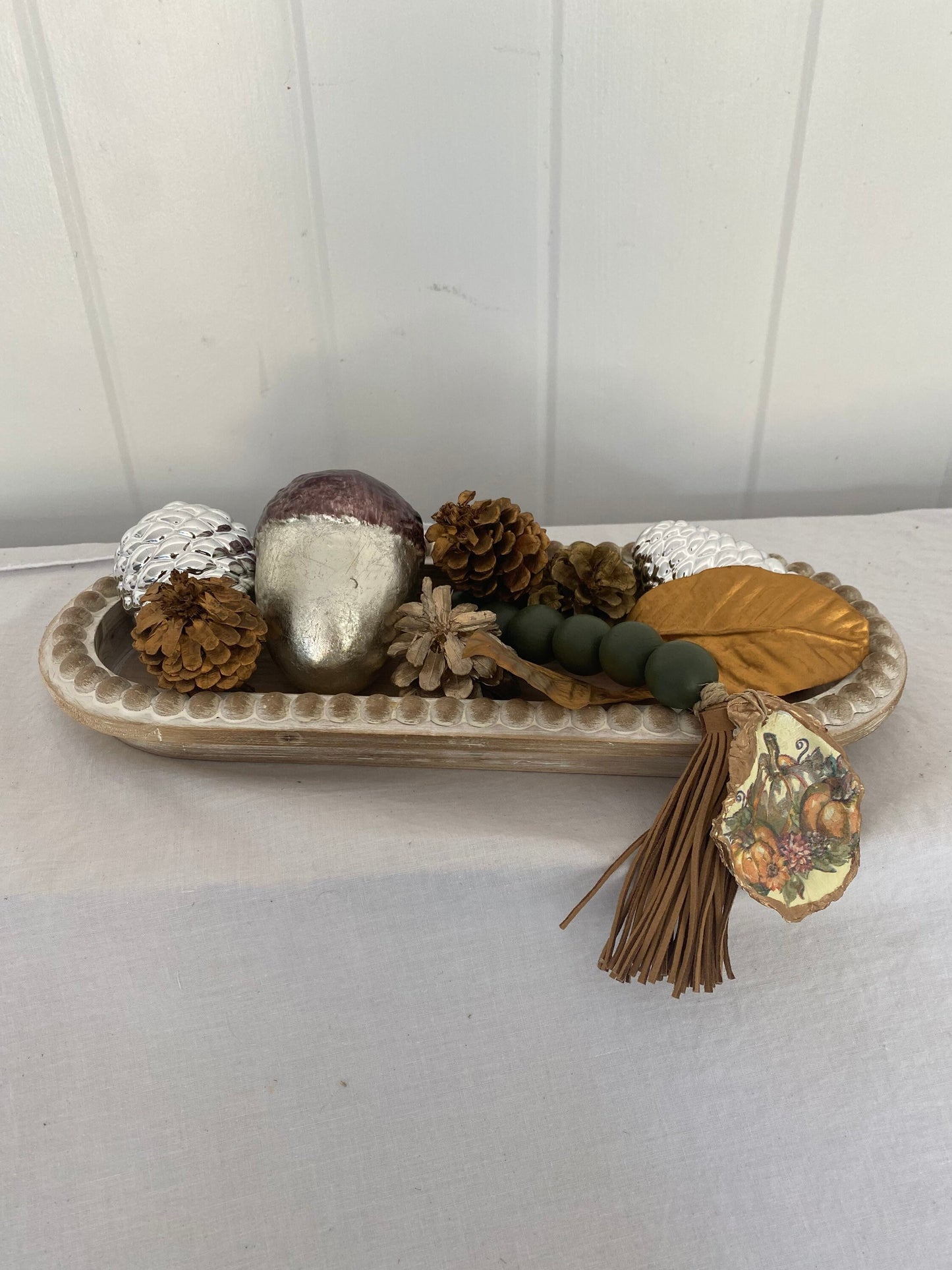 Decoupaged Oyster prayer beads with leather tassel