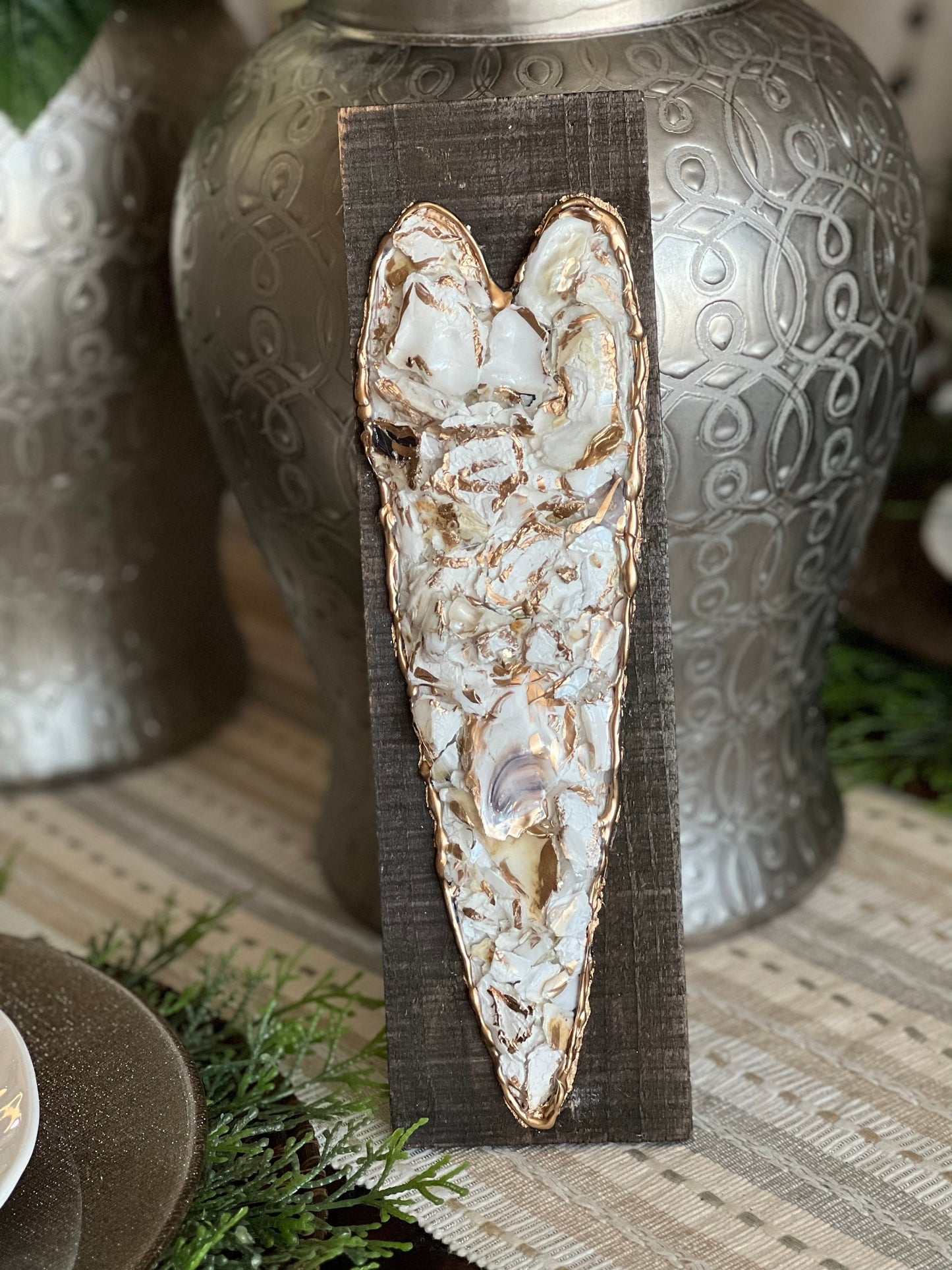 Crushed oyster shell heart plaque