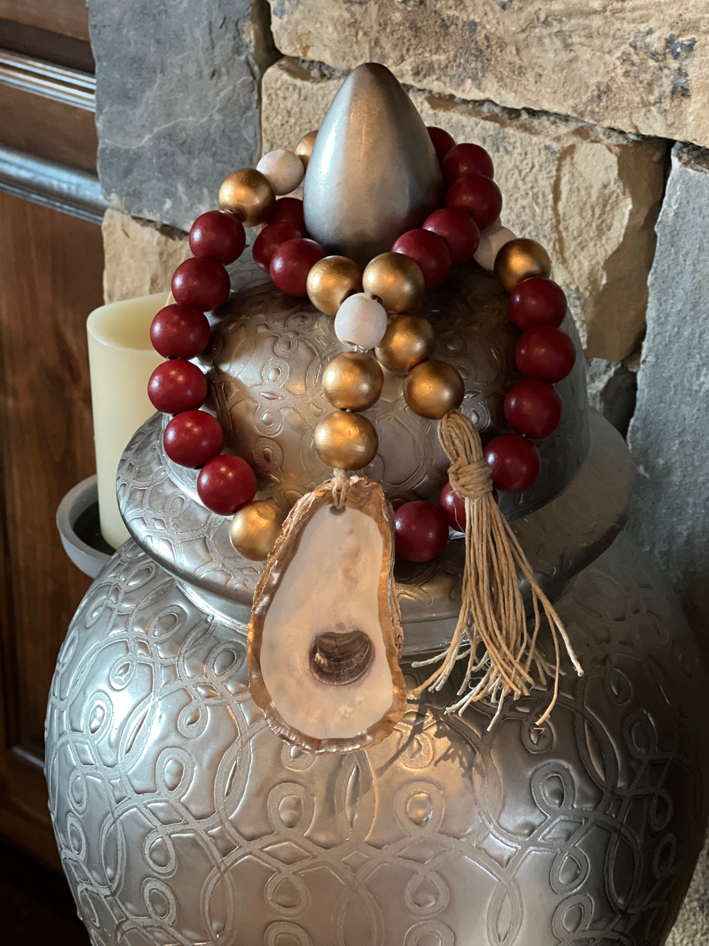 Oyster prayer beads with twine tassel