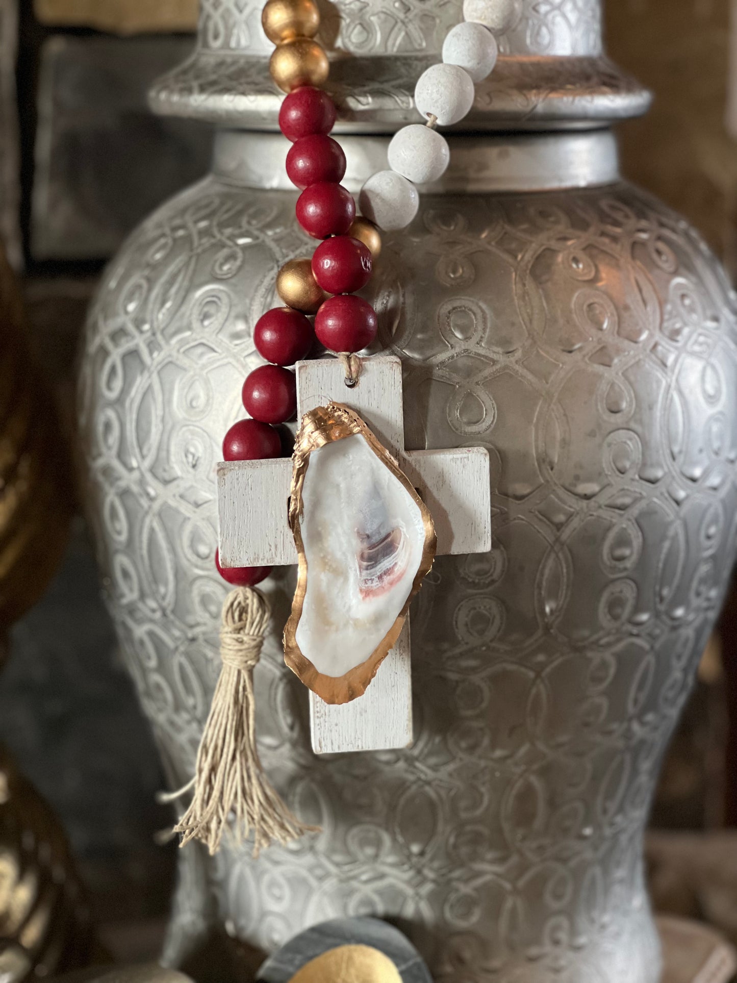 Oyster prayer beads with twine tassel