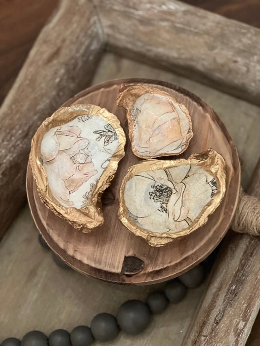 Decoupaged floral Oyster trivet/jewelry tray
