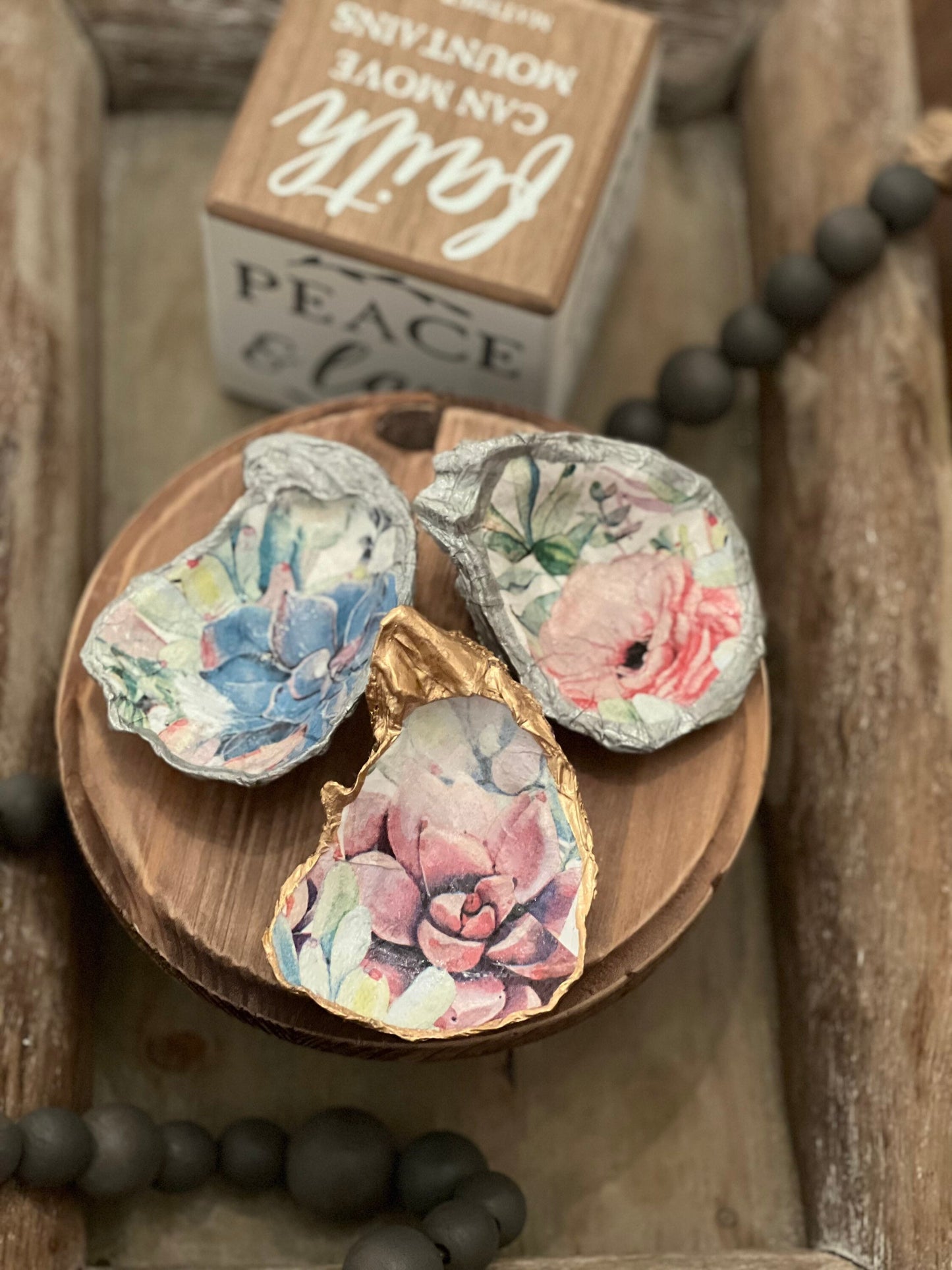 Decoupaged succulent floral Oyster trivet/jewelry tray