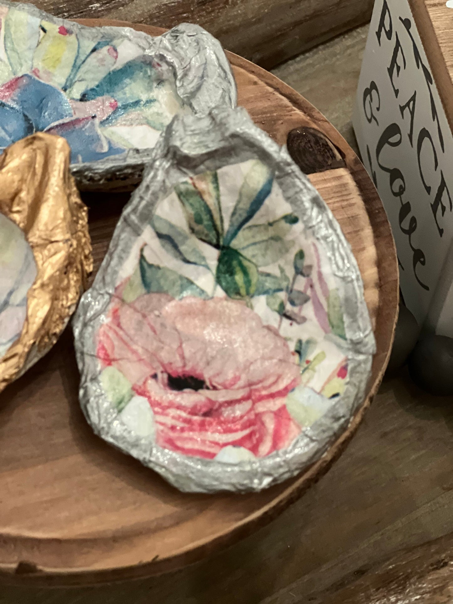 Decoupaged succulent floral Oyster trivet/jewelry tray