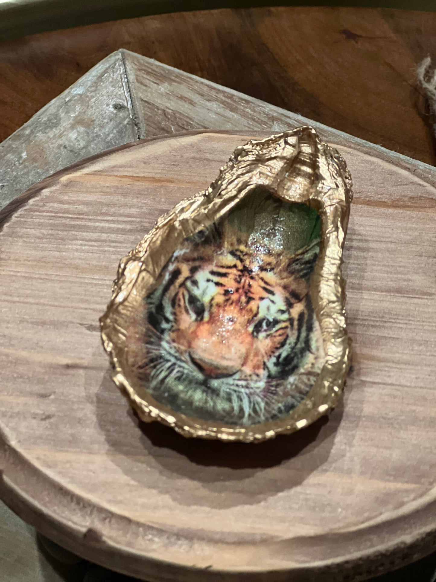 Tiger decoupaged and Hand painted gold leaf trimmed authentic Louisiana oyster trivet dish/jewelry tray