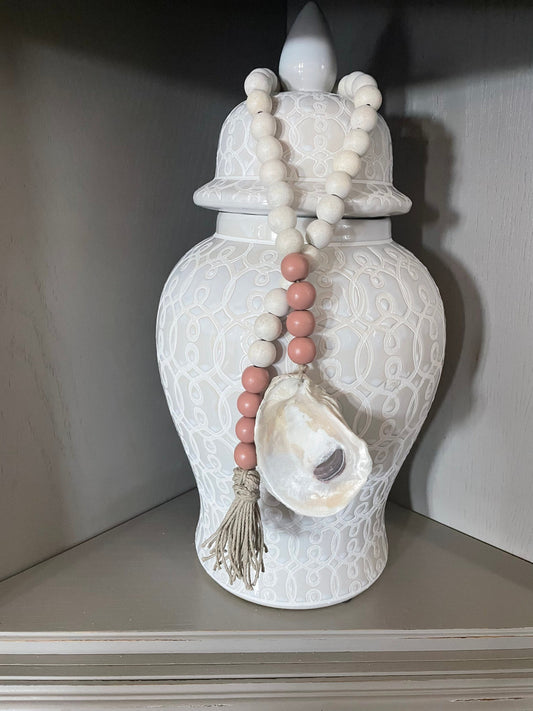 Oyster prayer beads with twine tassel