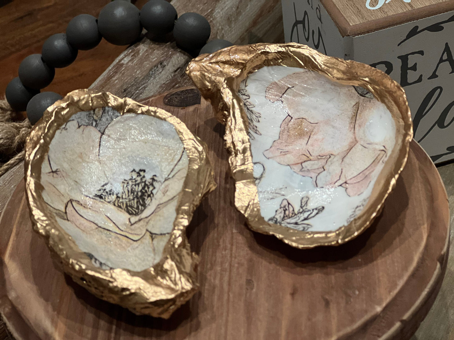 Decoupaged floral Oyster trivet/jewelry tray