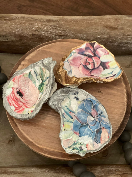 Decoupaged succulent floral Oyster trivet/jewelry tray