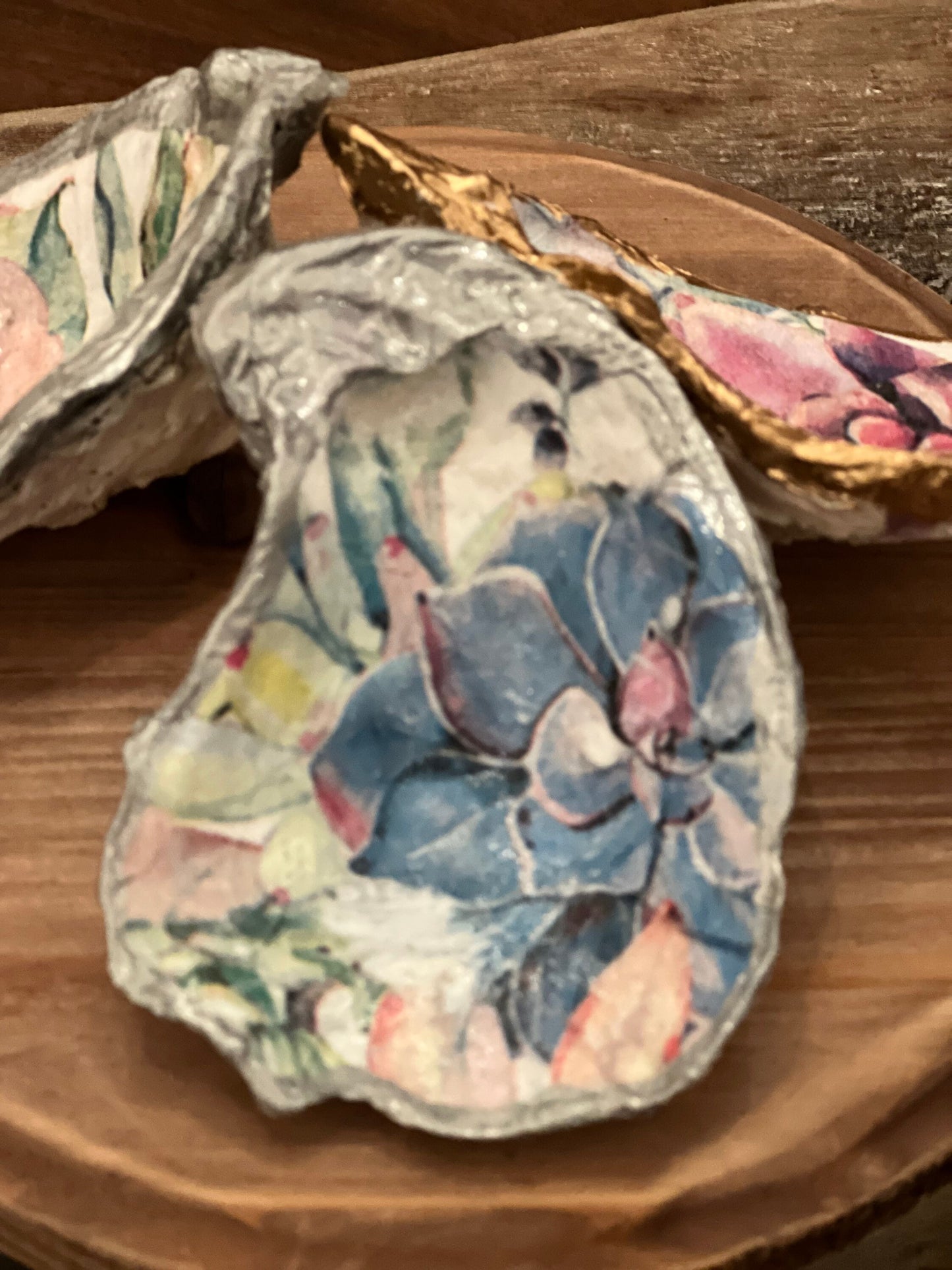 Decoupaged succulent floral Oyster trivet/jewelry tray