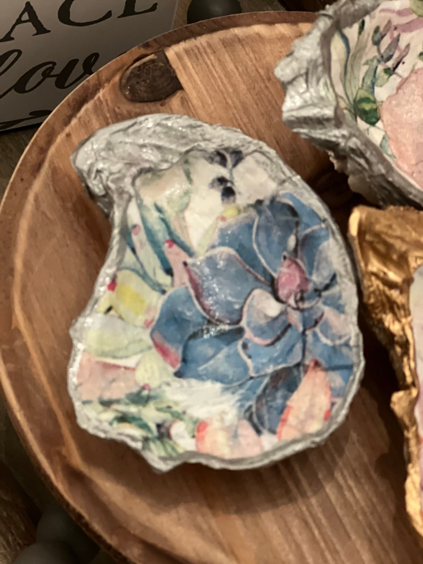 Decoupaged succulent floral Oyster trivet/jewelry tray