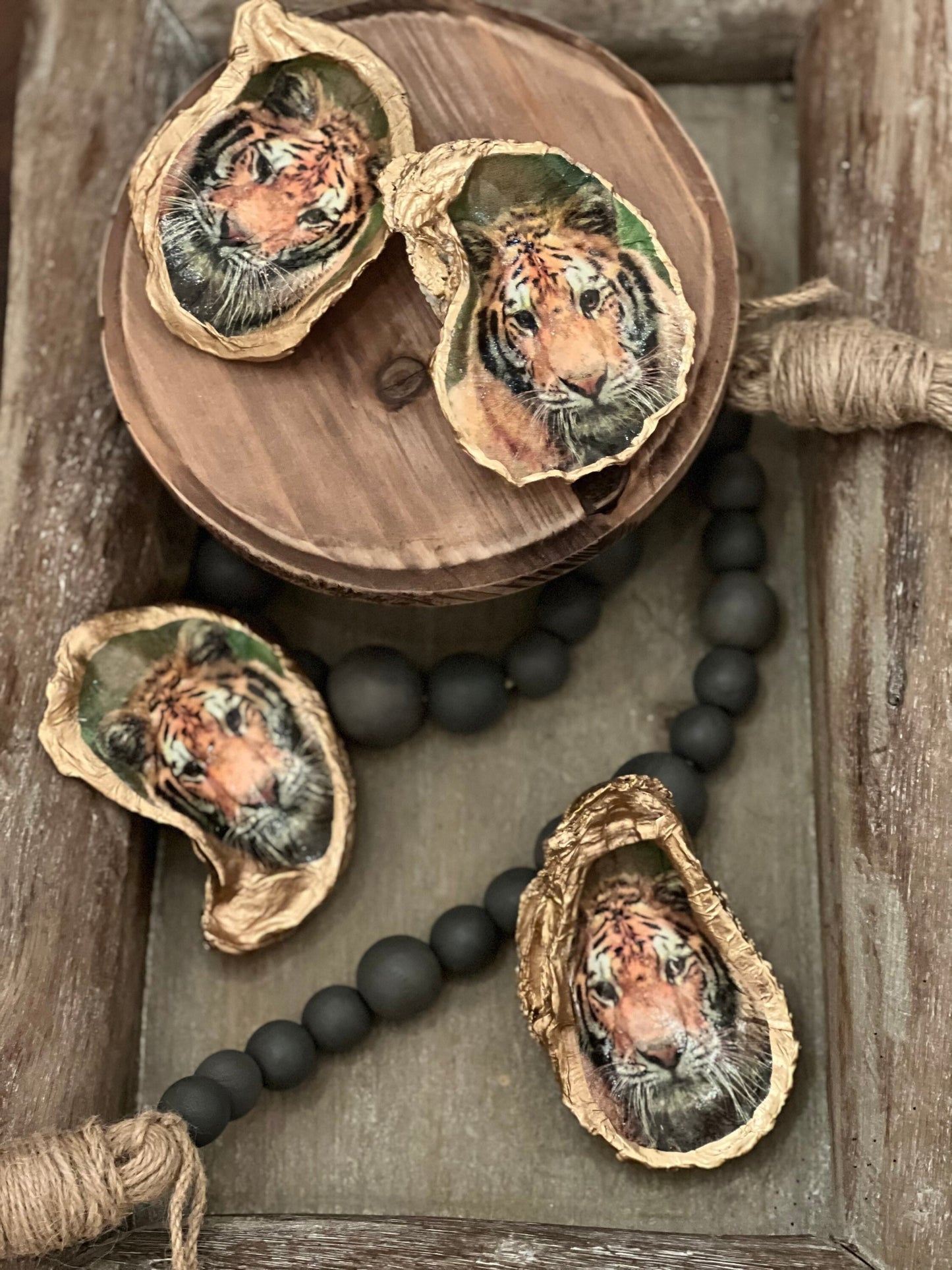 Tiger decoupaged and Hand painted gold leaf trimmed authentic Louisiana oyster trivet dish/jewelry tray