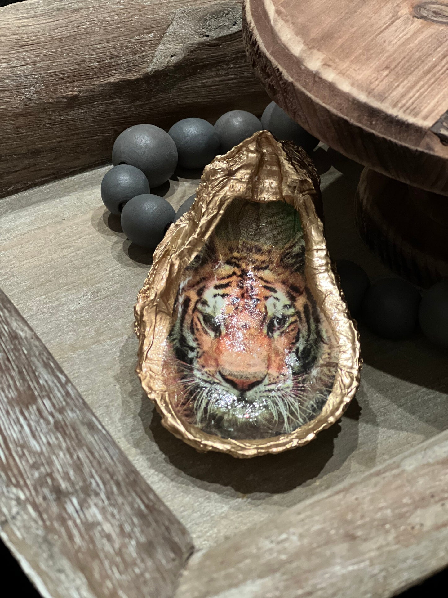 Tiger decoupaged and Hand painted gold leaf trimmed authentic Louisiana oyster trivet dish/jewelry tray