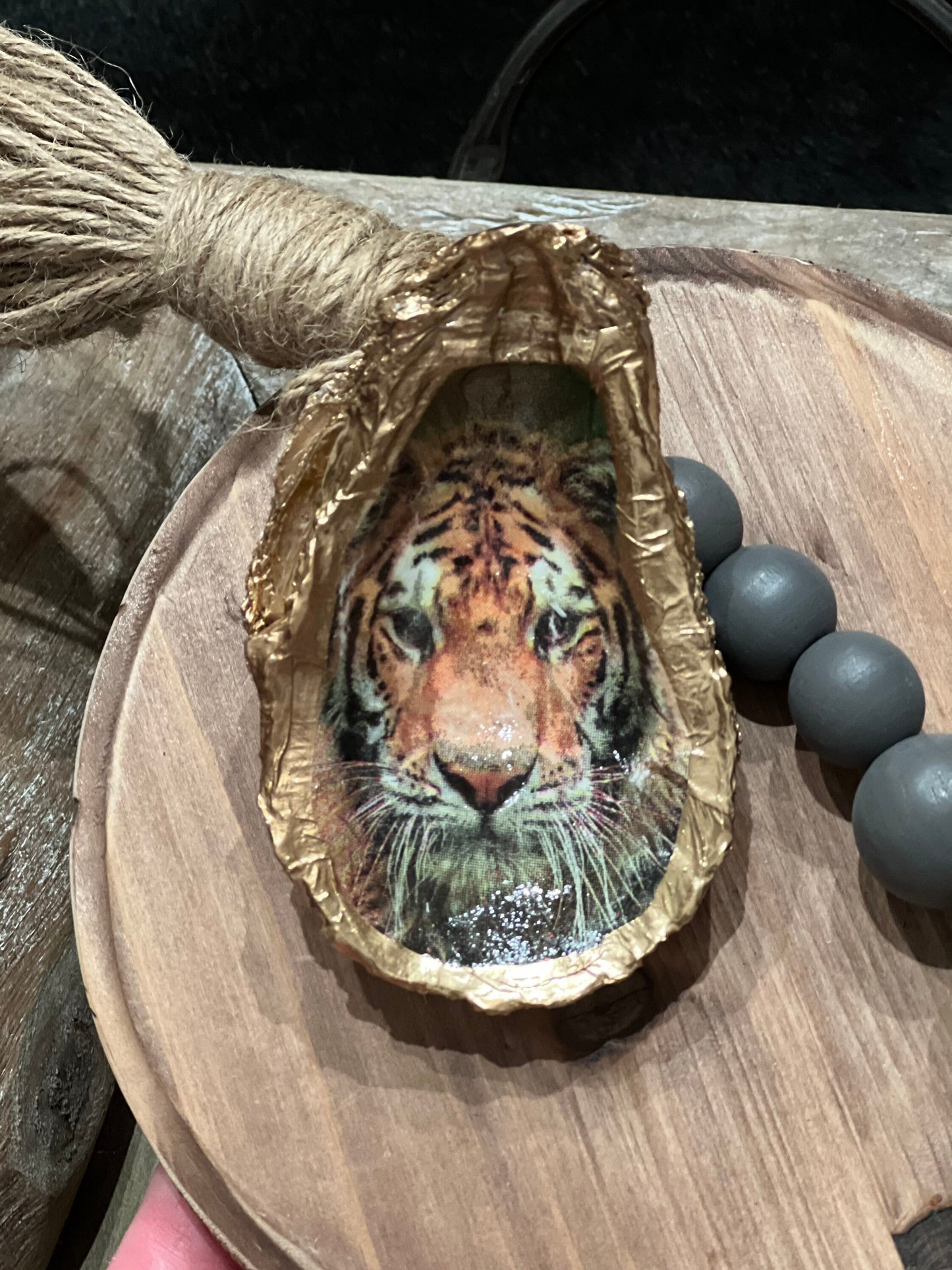 Tiger decoupaged and Hand painted gold leaf trimmed authentic Louisiana oyster trivet dish/jewelry tray