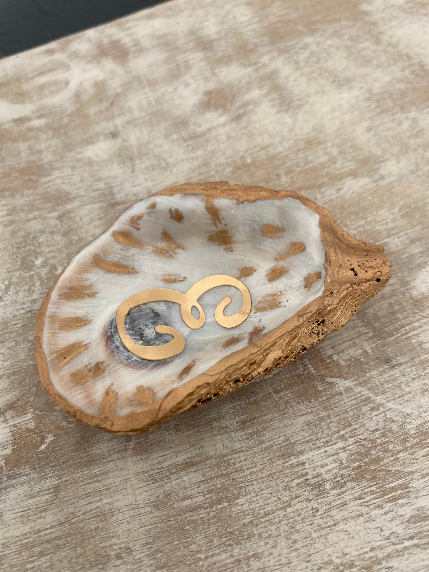 Decoupage and hand painted personalized oyster shell trivet dish/jewelry tray