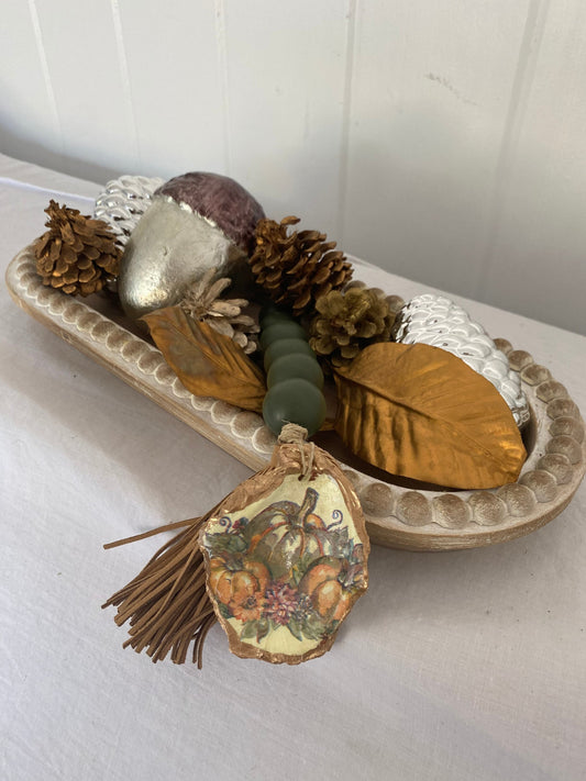 Decoupaged Oyster prayer beads with leather tassel