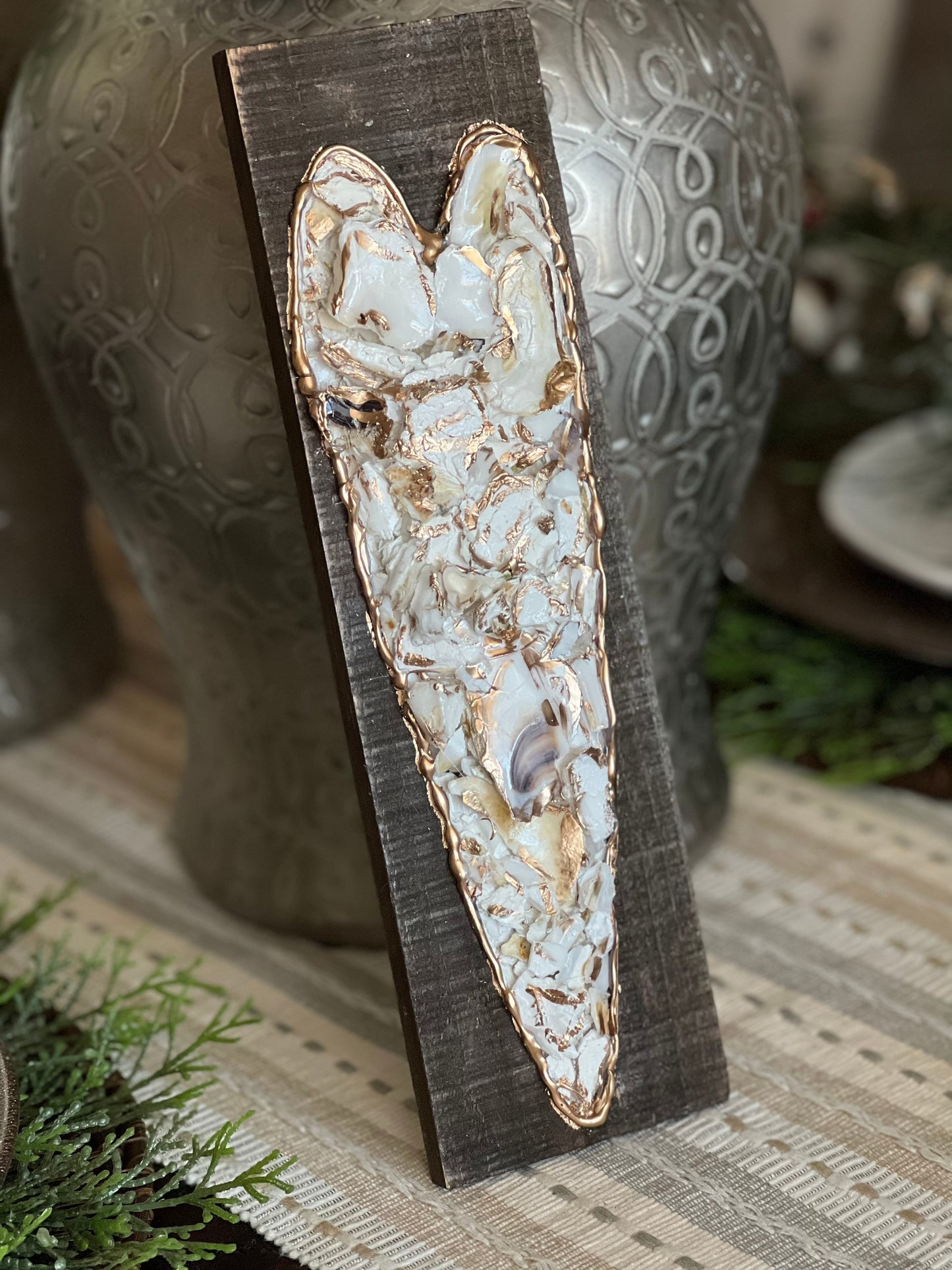 Crushed oyster shell heart plaque