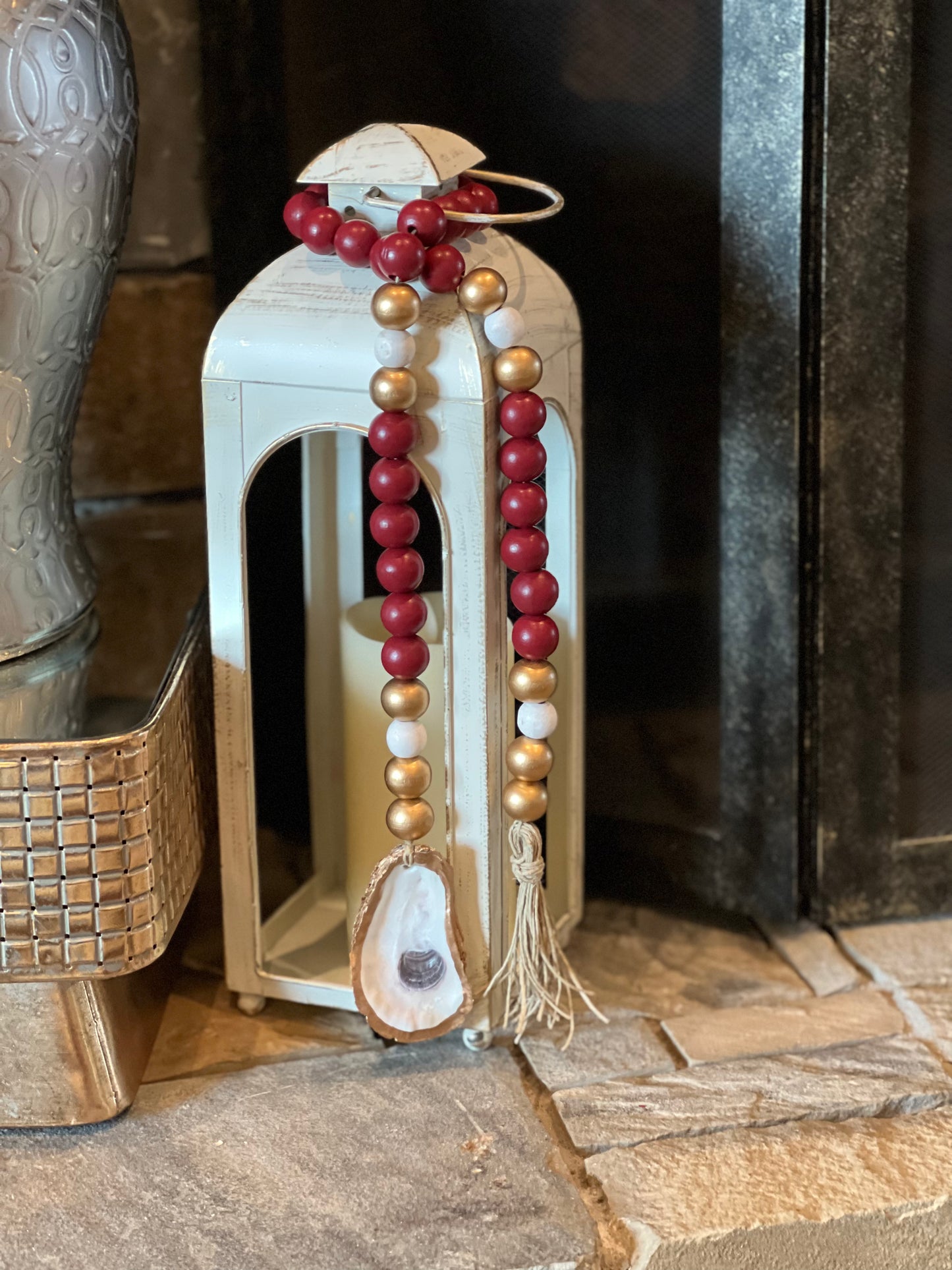 Oyster prayer beads with twine tassel