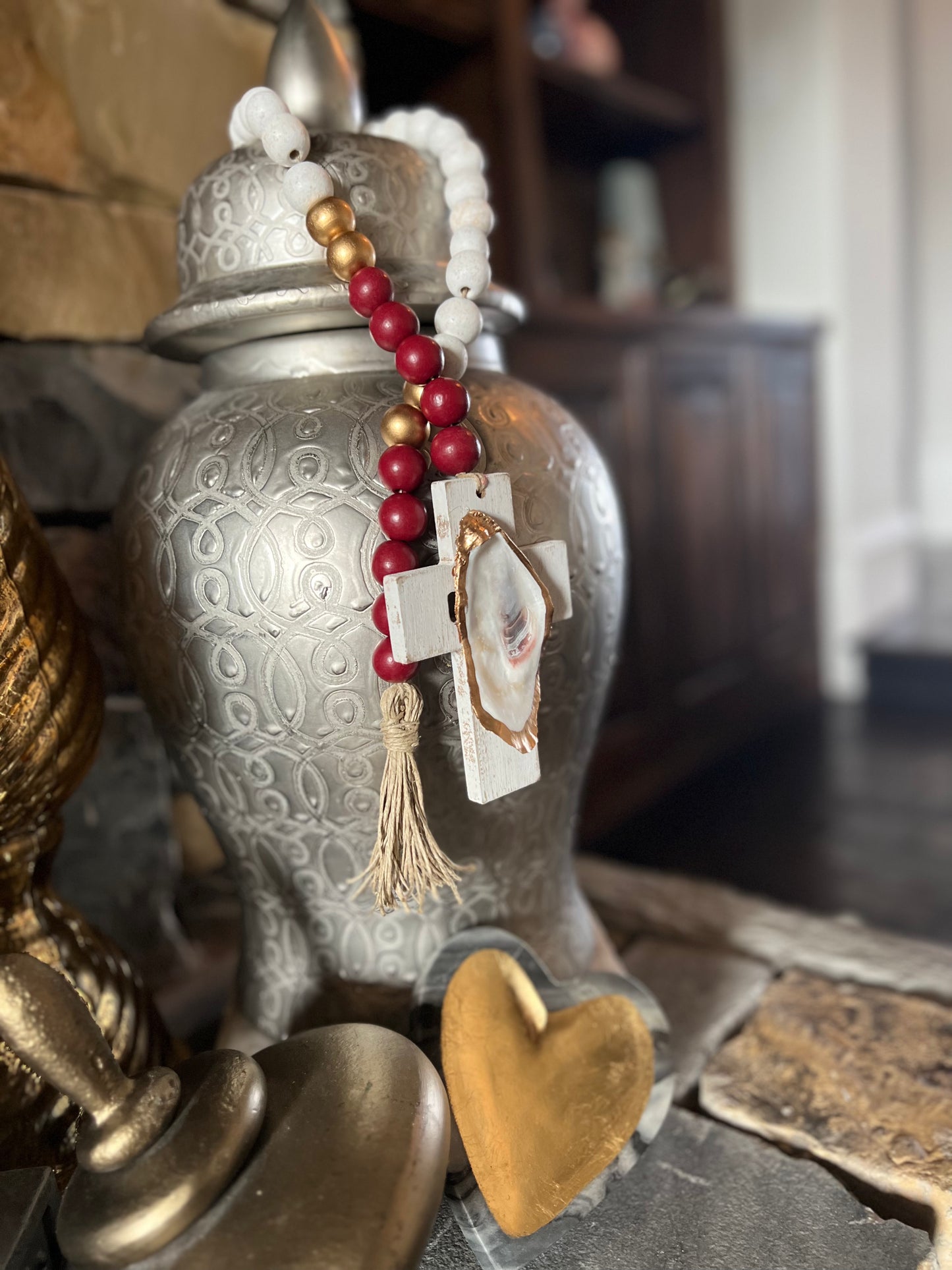 Oyster prayer beads with twine tassel