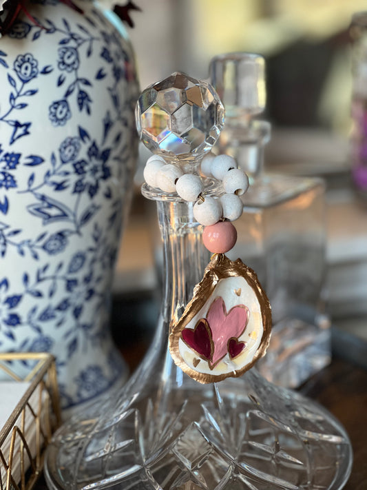 Hand-painted heart oyster shell bottle charm