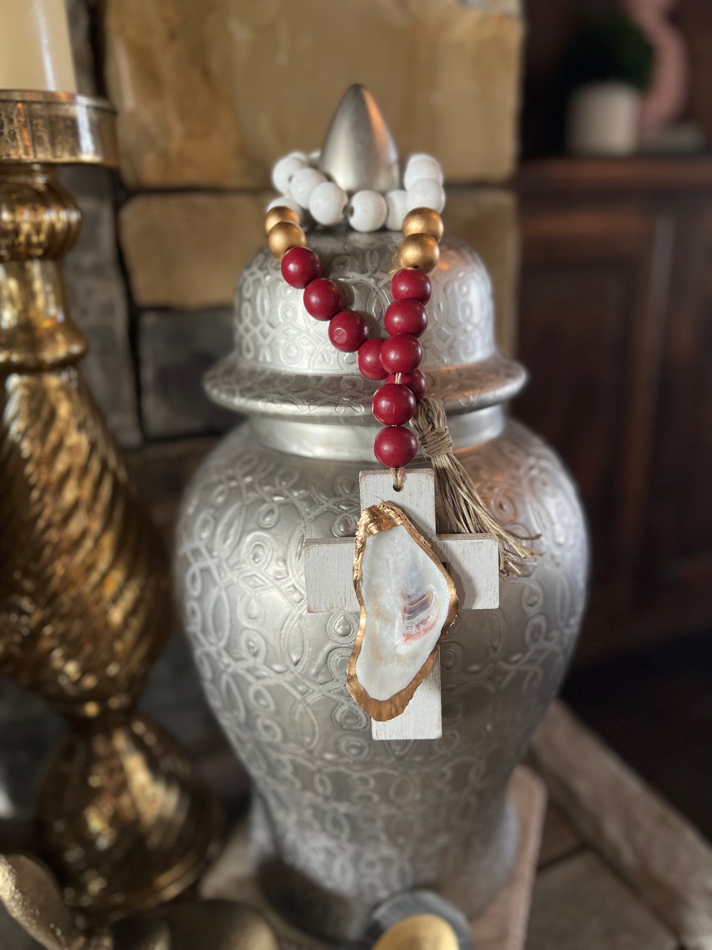 Oyster prayer beads with twine tassel