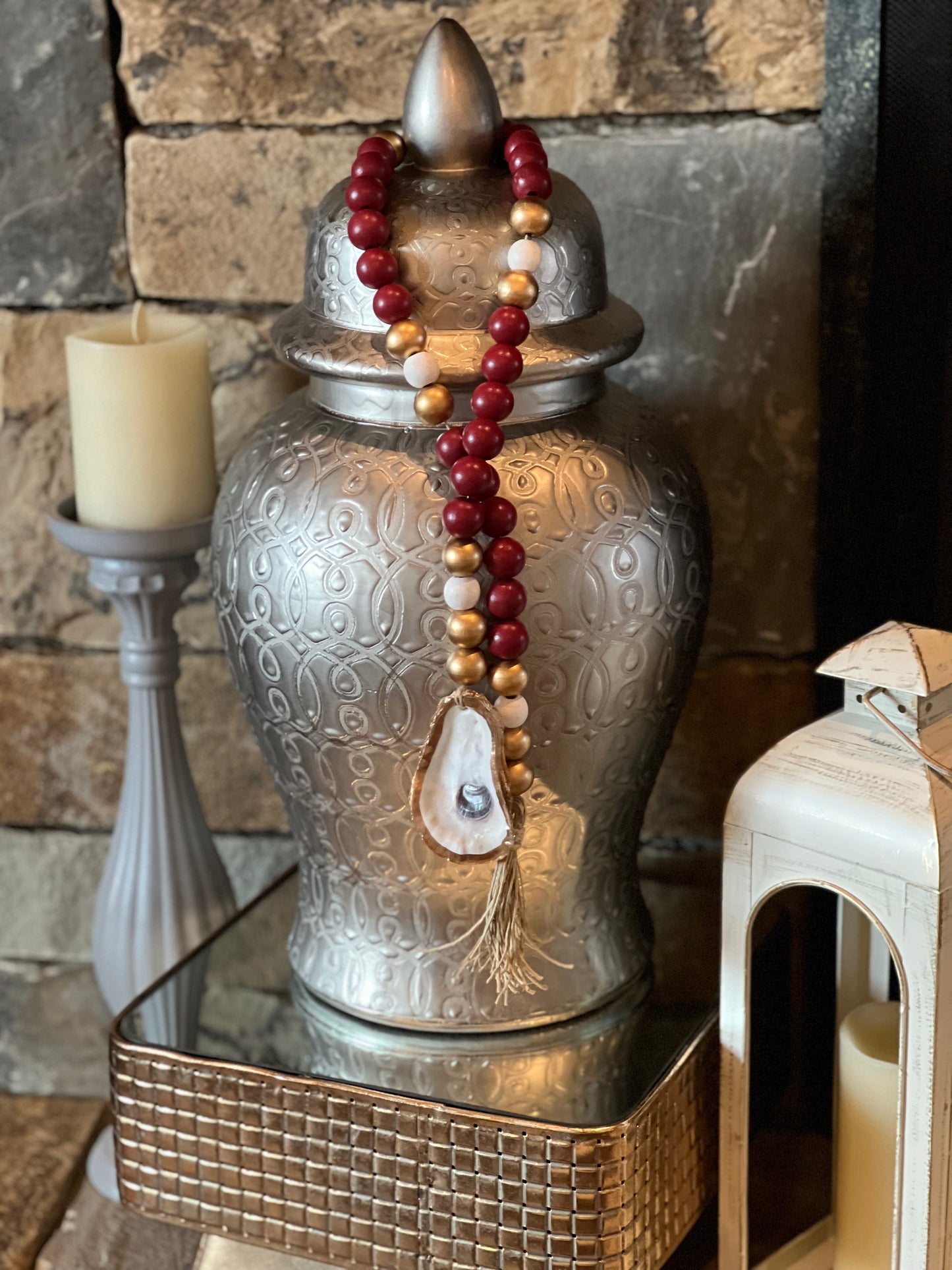 Oyster prayer beads with twine tassel