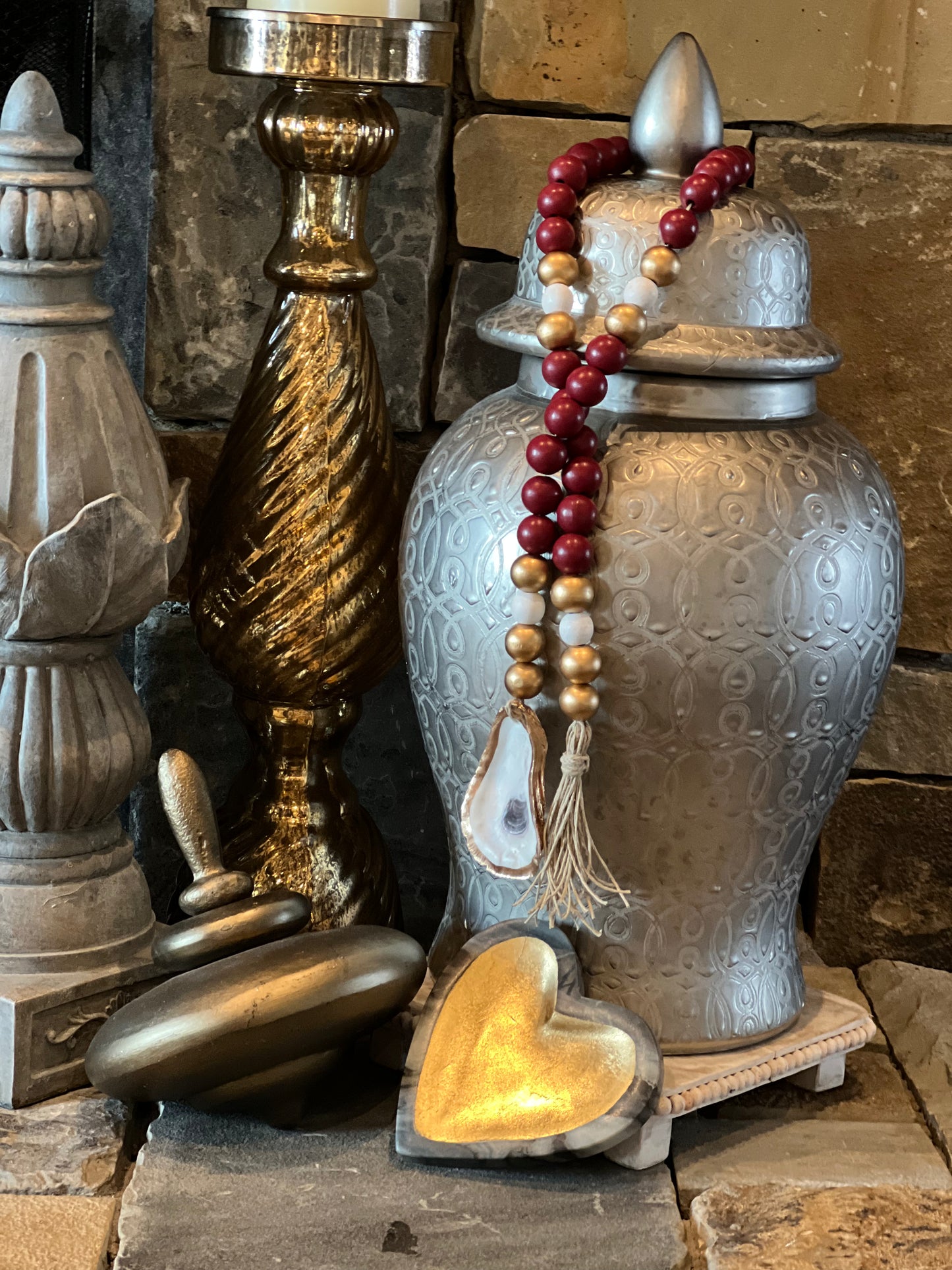 Oyster prayer beads with twine tassel